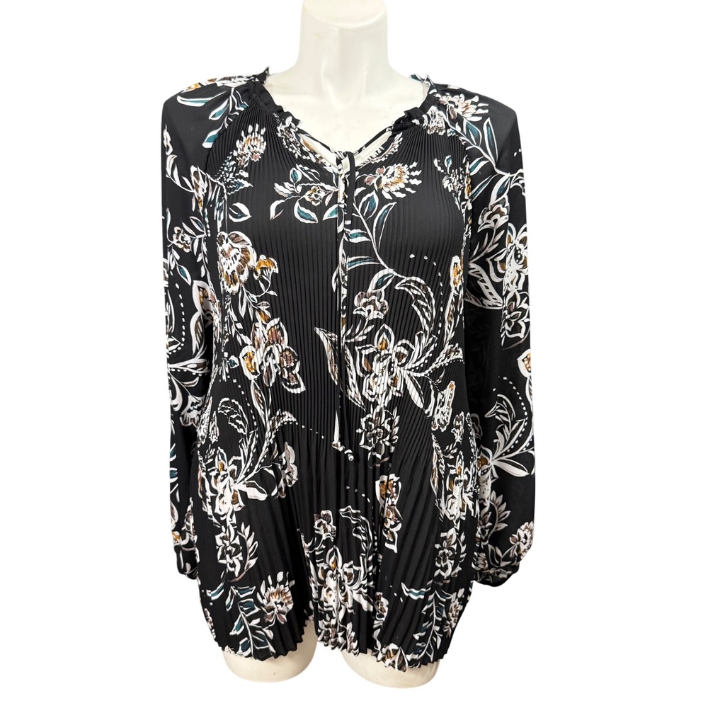 Valerie Stevens Plus Size 3X Floral Pleated Blouse Black White Tan Tie Neck Top